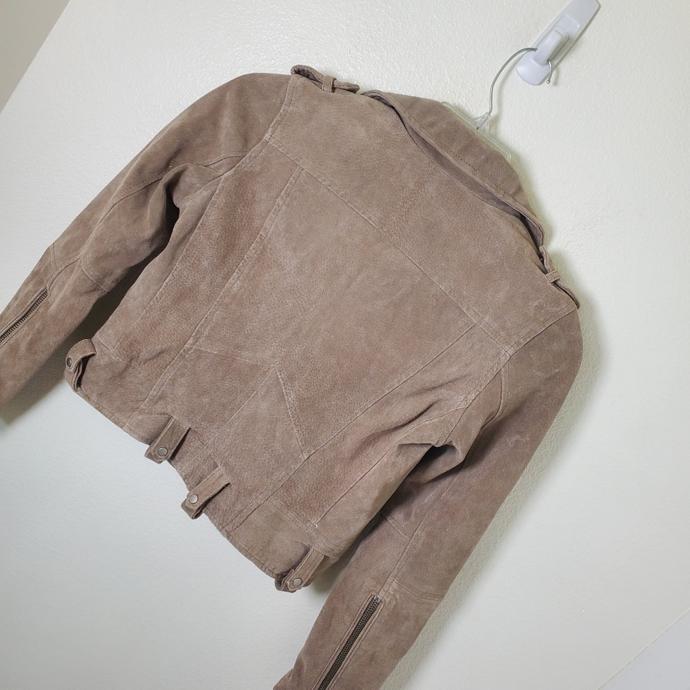 Blank NYC Genuine Leather Moto Jacket XS Tan Brown Suede Asymmetrical Zip Crop - Picture 11 of 14